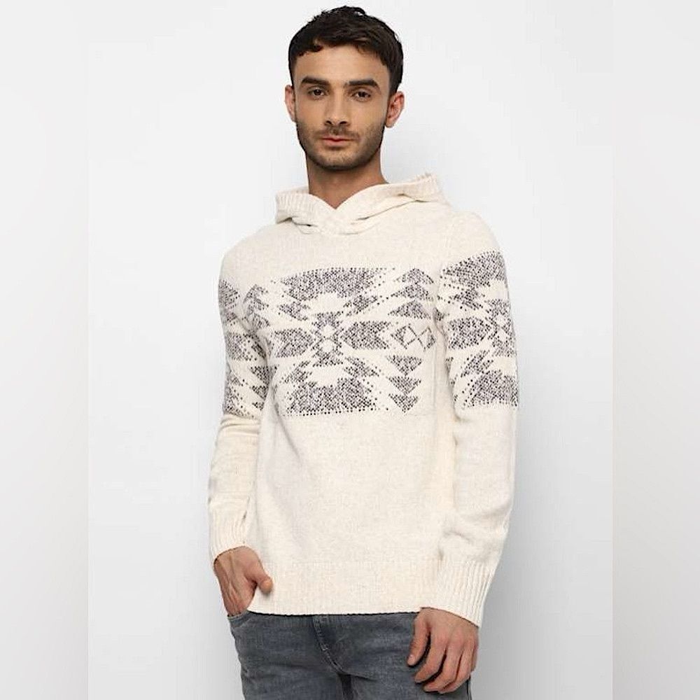 American Eagle Outfitters Men's Cream Aztek Printed Hooded Sweater Size Medium